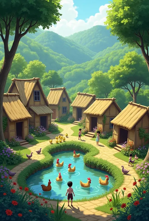 A rural village with small mud or bamboo houses, surrounded by trees and flower gardens. Chickens and ducks roam around, and there is a pond where children are swimming."