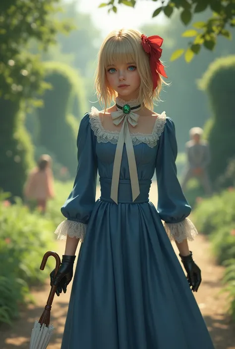 France in the 1890s。The main character of Violet Evergarden has blonde shoulder-length hair with a red ribbon.。She is wearing a classical aristocratic outfit based on ultramarine blue, with a white ribbon on her chest and an emerald necklace in the center....