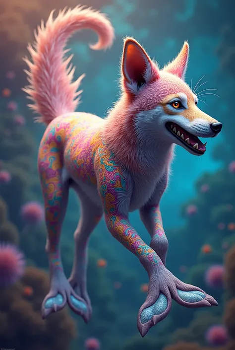 Create an alebrije mutation with the animals: dog, lobo, panda and dolphin