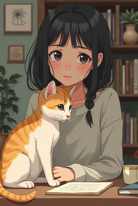 anime drawing, girl with cat, the cat being the protagonist, in a lofi study setting.