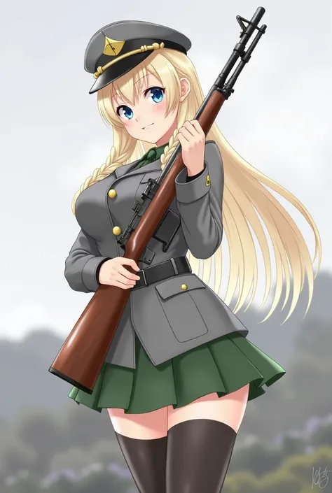 a woman in a uniform holding a rifle and a rifle, infantry girl, from girls frontline, 1girl, solo, long hair, breasts, looking at viewer, smile, blue eyes, skirt, blonde hair, thighhighs, long sleeves, holding, standing, jacket, weapon, braid, pleated ski...