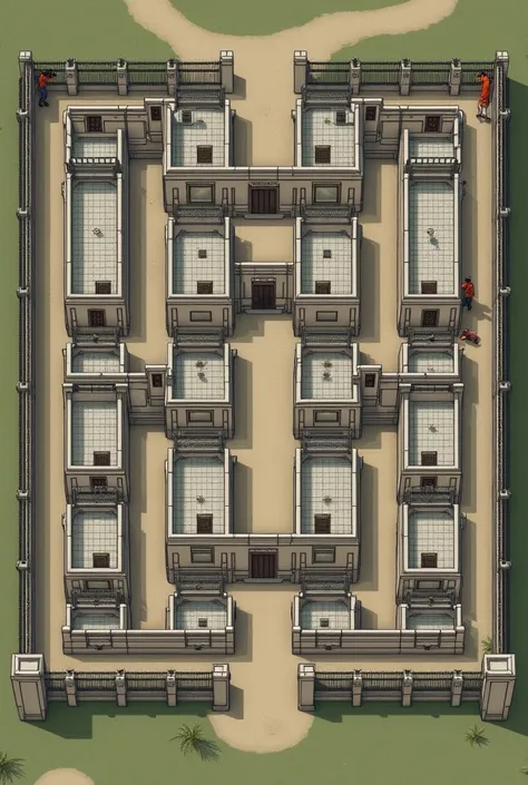 4 side building - each side has 14 rooms 12+20 - each room has 2 doors and windows one inside and one outside - after every 7 rooms main entrance - boundary wall having grill or fence each side of the building - main entrance from front side

Make this all...