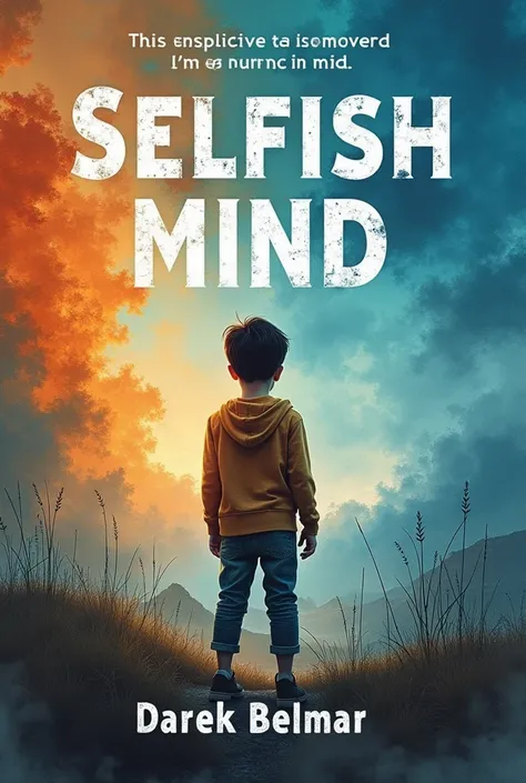 Create a book cover with a boy in the background, with the title "selfish mind", with author name "Darek Belmar" On the bottom, using the colors blue and orange, not so realistic but with watercolor style