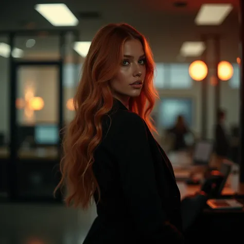 Generate a cinematic-style image, as if from an award-winning Hollywood feature film, featuring a gorgeous professional female Instagram influencer model with long reddish-blonde hair and captivating eyes. She is an office siren in the office. The scene sh...