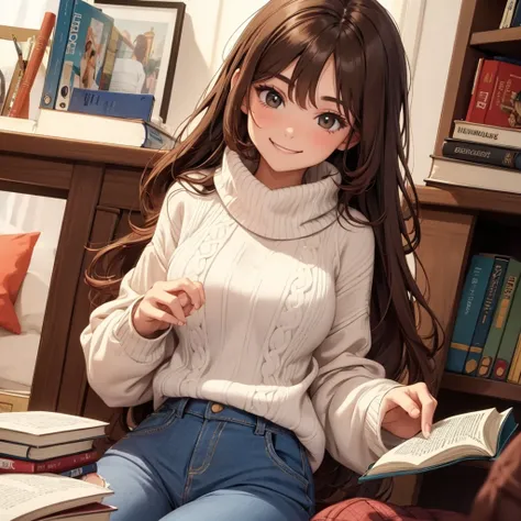 Hot girl. Teen. Casual clothes. Sweater. Brown hair. Smile. Books.