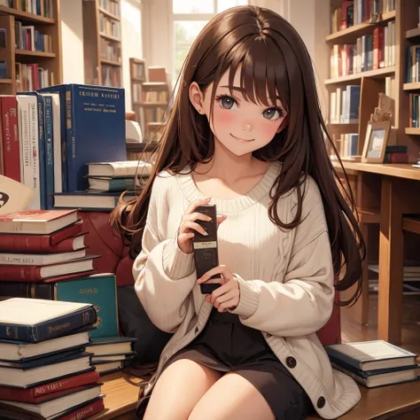 Hot girl. Teen. Casual clothes. Sweater. Brown hair. Smile. Books.