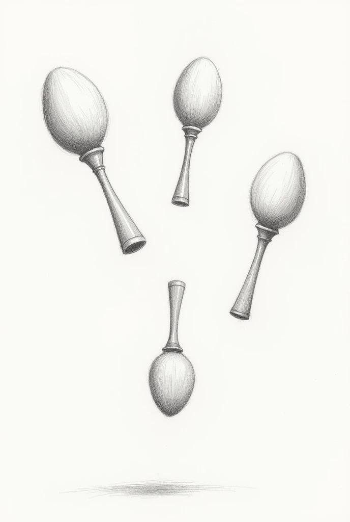 Pencil drawing of 3 juggling clubs made with many strokes 