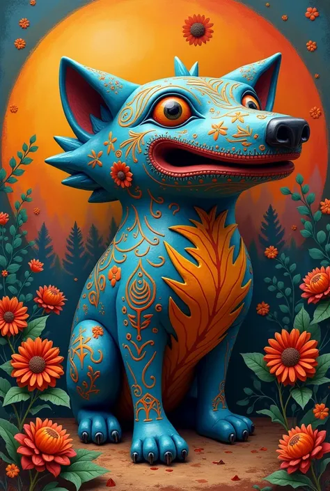 Create an alebrije with the animals: dog, lobo, panda and dolphin