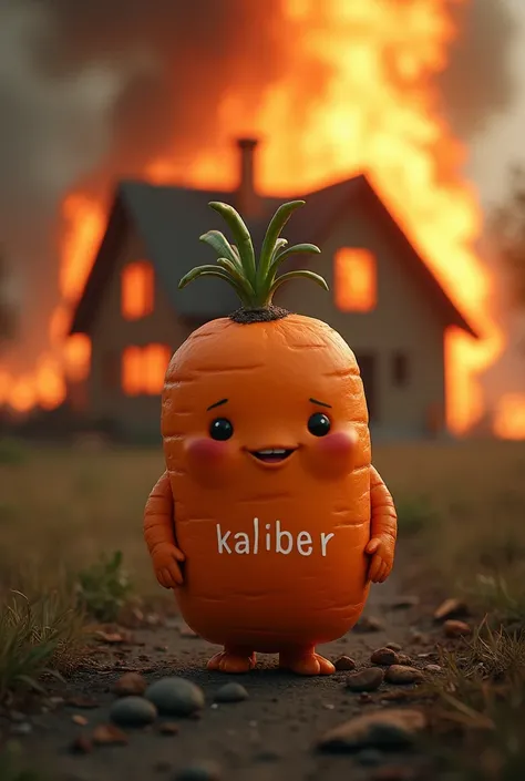 Innocent fat orange carrot man, house fire in the background, with the word kaliber under it