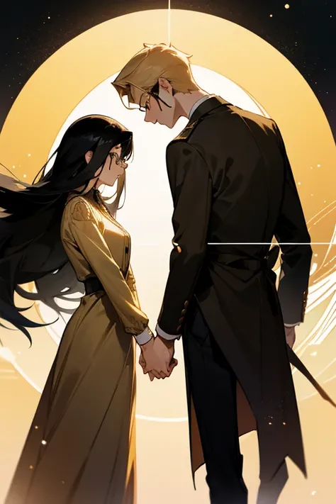 Romance book cover, with the name Flow of time silhouette of a young couple Tall blond boy, wears glasses girl has long black hair and she wears glasses Background with universe depicting time