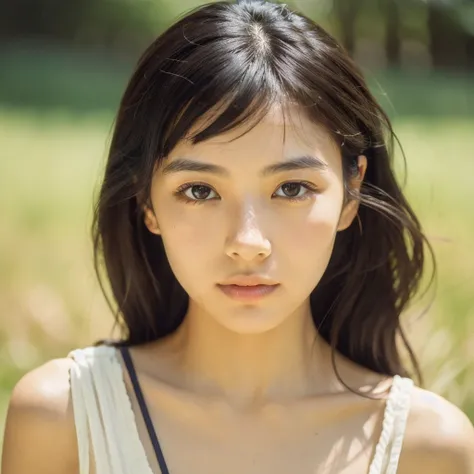 A hyper-realistic close-up image of a single Japanese woman in her early 20s, captured with the nostalgic warmth and subtle graininess of a film camera, focusing on her face and shoulders. Her skin has a warm beige tone with a natural, slightly rough textu...