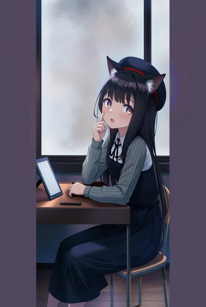 anime girl sitting at a table with a laptop computer, 1girl, solo, long hair, looking at viewer, blush, bangs, blue eyes, shirt, black hair, long sleeves, hat, dress, ribbon, holding, animal ears, sitting, white shirt, parted lips, glasses, sleeveless, str...