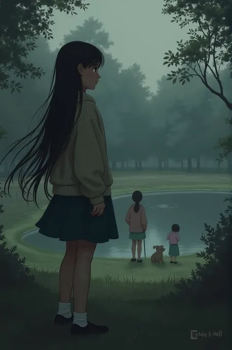 Girl staring off into distance at a park, dark shading, long hair,  has on a skirt and sweater, there is a pondin the distance and it has a girl and a  near it