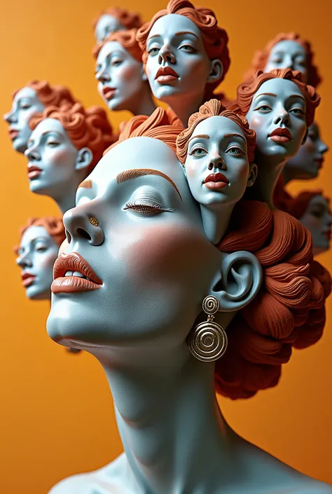 Expressionist artwork images of multiple floating ceramic heads of puerto rican women, 3d collage style, make it weird and gallery worthy