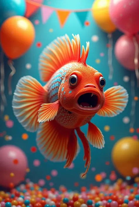 Create a photo of usual flowerhorn celebrating birthday 
