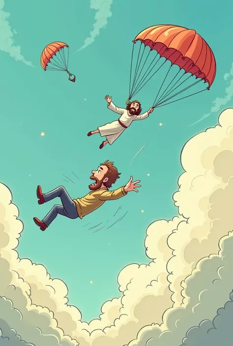 Cartoon Man falling from heights and Jesus with a parachute trying to deliver it to the man, but man ignores Jesus. 
