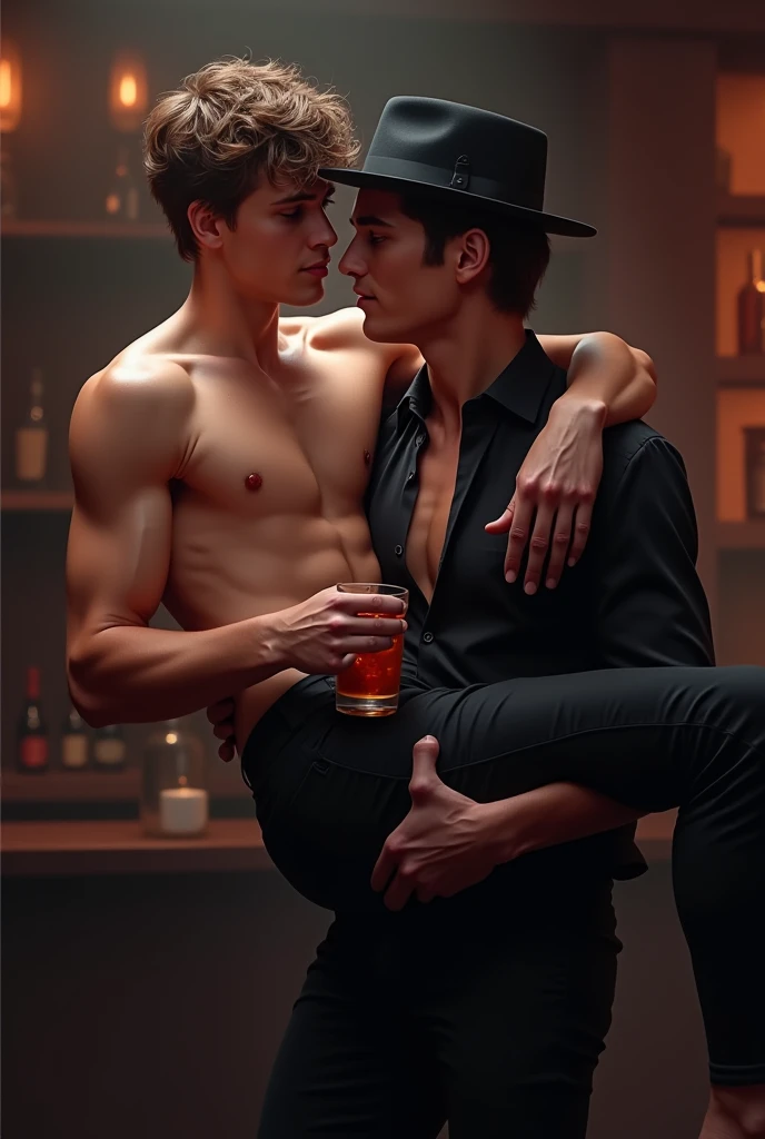 Young handsome white man, cute and attractive, in a bar, shirtless, with a drink in his hand, a friend with a black hat and black clothes lifts him up on his arm, carrying him to bed because the young man is already drunk 