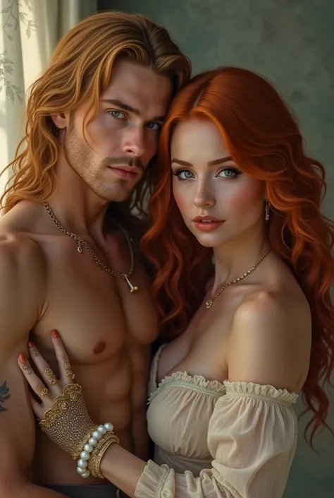 two redhead women, and a blond man with long hair