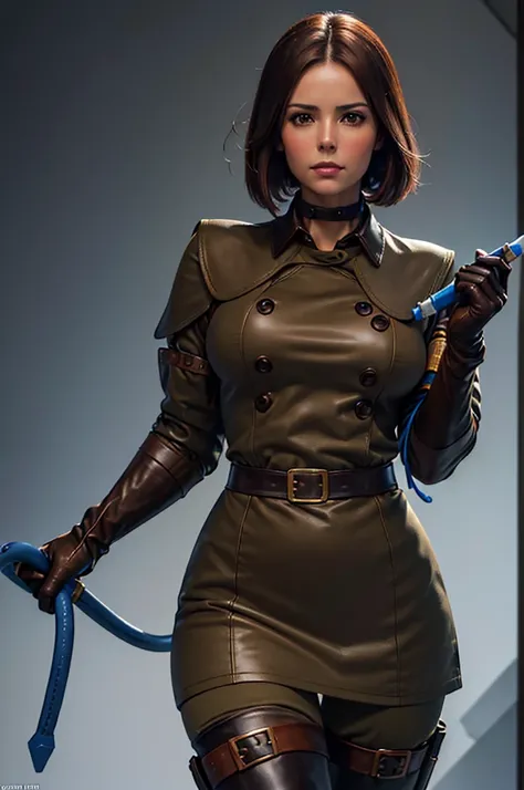 (Best image quality, highest quality, Highest Resolution, Ultra-Realistic Images, Very detailed, masterpiece, 8k), One Woman, Brown medium hair, Khaki military uniform, Leather gloves, Leather boots, ((With a blue whip)), big Breasts, blush, serious look, ...