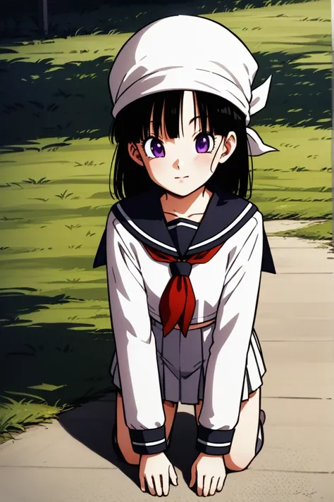 score_9, score_8_up, score_7_up, score_6_up, score_5_up, score_4_up, source_anime, aatomoyo, long hair, black hair, beret, white hat, straight bangs, purple eyes, small breasts, serafuku, white sailor collar, white scarf, black shirt, long sleeves, pleated...