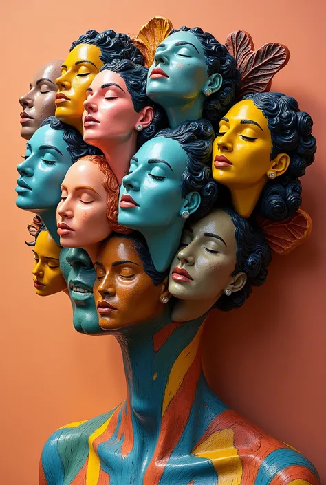 Expressionist artwork images of multiple floating ceramic heads of dominican women, 3d collage style, make it weird and gallery worthy