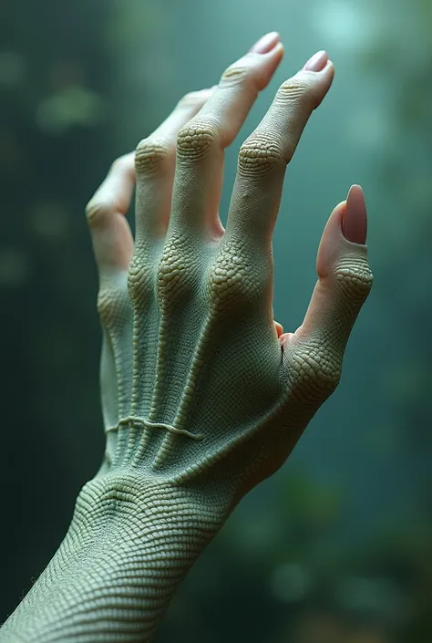 Females hand is slightly streched and scales grow instead of skin. Color does not change. Hand also has swim membranes between each finger and long, rounded up fingernails. 