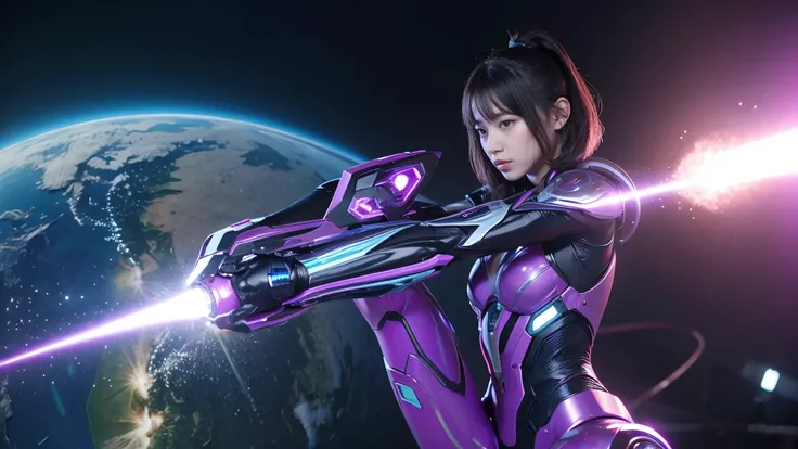 (RAW Photos, Highest quality), (Realistic, Photorealistic:1.3), 1 person、Realisticbody、Purple battle costume、Meteor warrior flying from space、Fight against the octopus aliens、Octopus、Shielded Reflector Laser、smile、