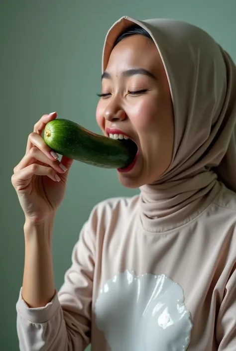 Malay hijab girl try to fit a big cucumber in her mouth while being drenched in white fluid all over her chest 