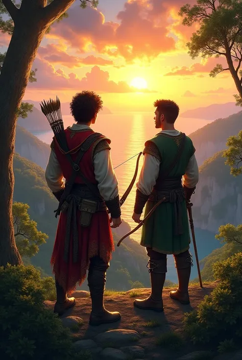 2 male, thin build, brawny, medieval adventurer costume, dark brown haired archer, curly hair falling over his forehead, Holding a bow in hand, eyes browns. In the forest watching the sunrise on top of the mountain overlooking the sea 