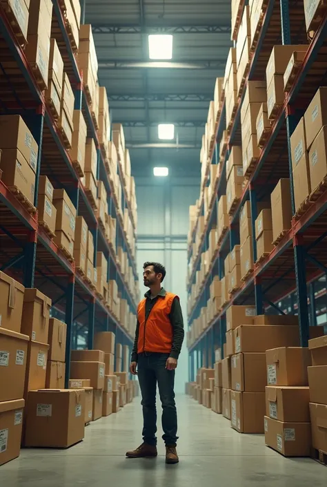 Image of a warehouse full of boxes with a person saying: "Where is the inventory book when you need it??"