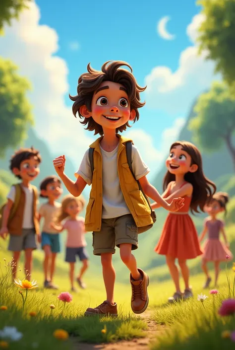 A 3D movie poster in Disney-Pixar style of Jesus as a  teenager playing with his friends, one of his friends broke his ankle