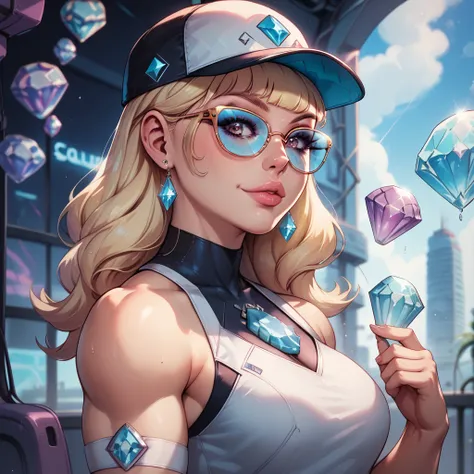 BEAUTIFUL BLONDE WOMAN adorned with DIAMOND gemstones CHROMATIC MUSCLES COLORFUL FROM WAIST UP neon futuristic cap glasses