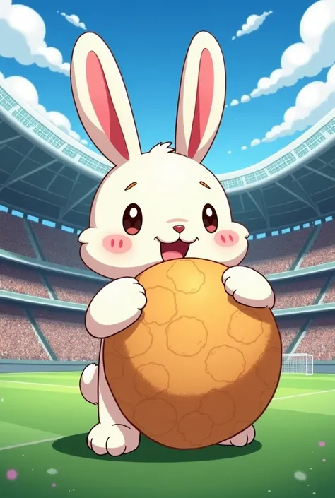 Cartoon of a rabbit hugging a rice onigiri, in the background a football stadium 