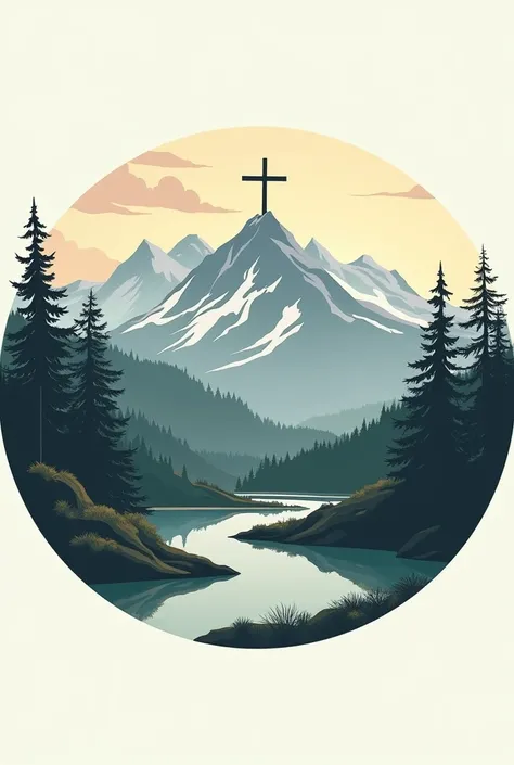 Circle logo with mountain landscape with a cross and road with lake