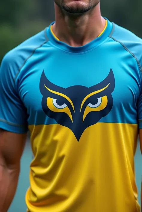 Blue and yellow athletic shirt with owl symbol