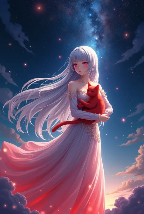 Anime silver haired girl with red cat in a black, red and blue gradient dress standing among the stars