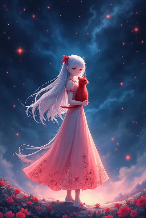 Anime silver haired girl with red cat in a black, red and blue gradient dress standing among the stars