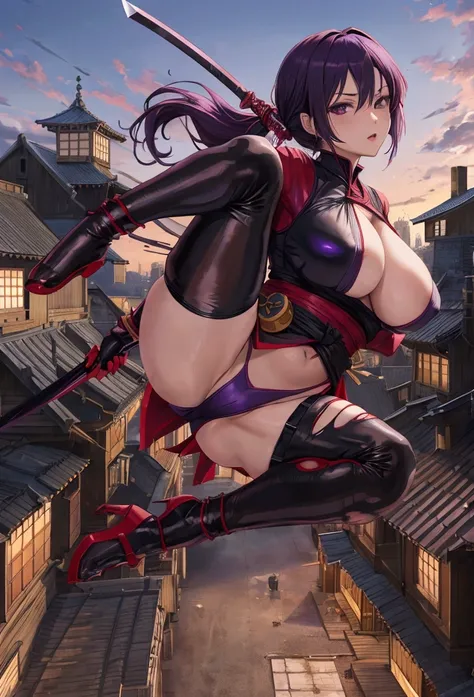  Anime adult woman, kunoichi, dark red torn ninja outfit, big breasts, see-through torn purple underwear, daggers on legs, jumping from a roof pose, urban medieval background