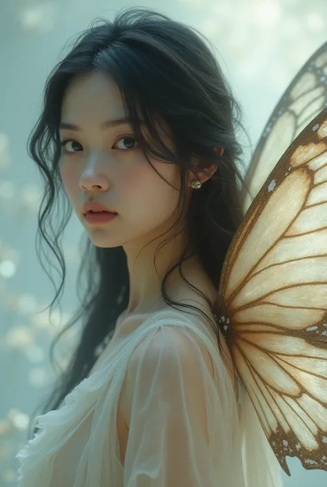 Make me an avatar, A pretty woman with long dark hair who is like a soul with butterfly wings 