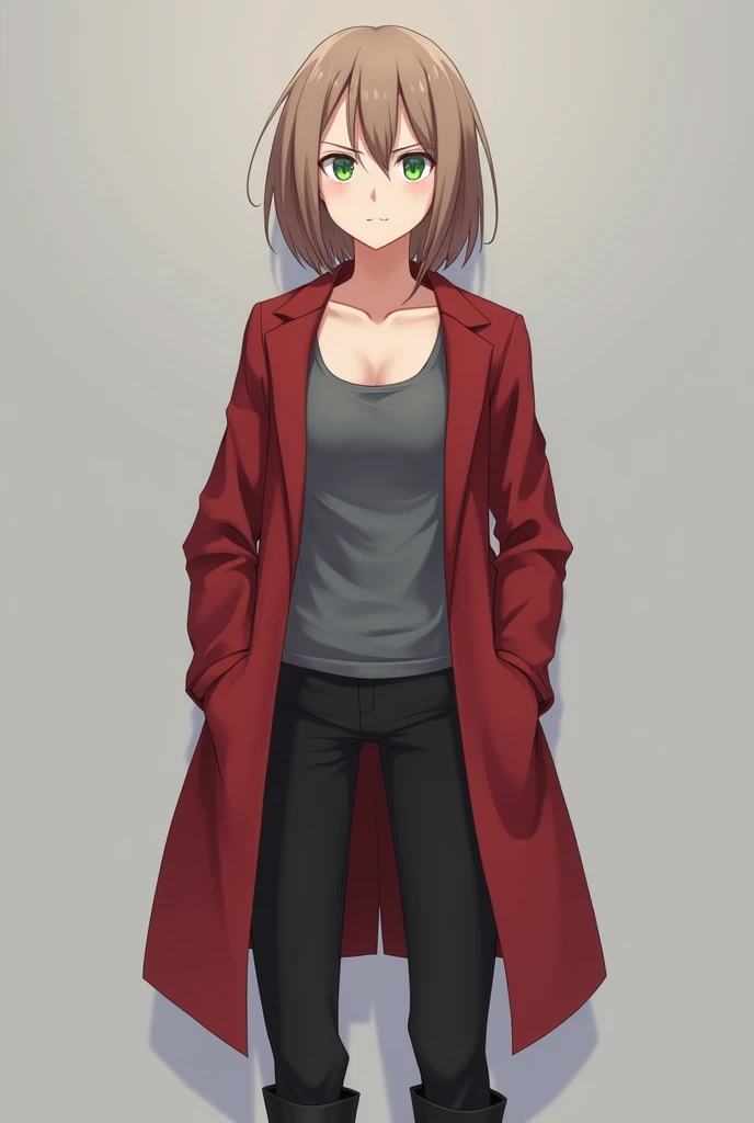 More mature anime style image. A gray background image. A teenage girl with shoulder-length light brown hair, clear green eyes, had a serious expression on his face, wore a gray tank top with a red overcoat along with black pants along with boots. He kept ...