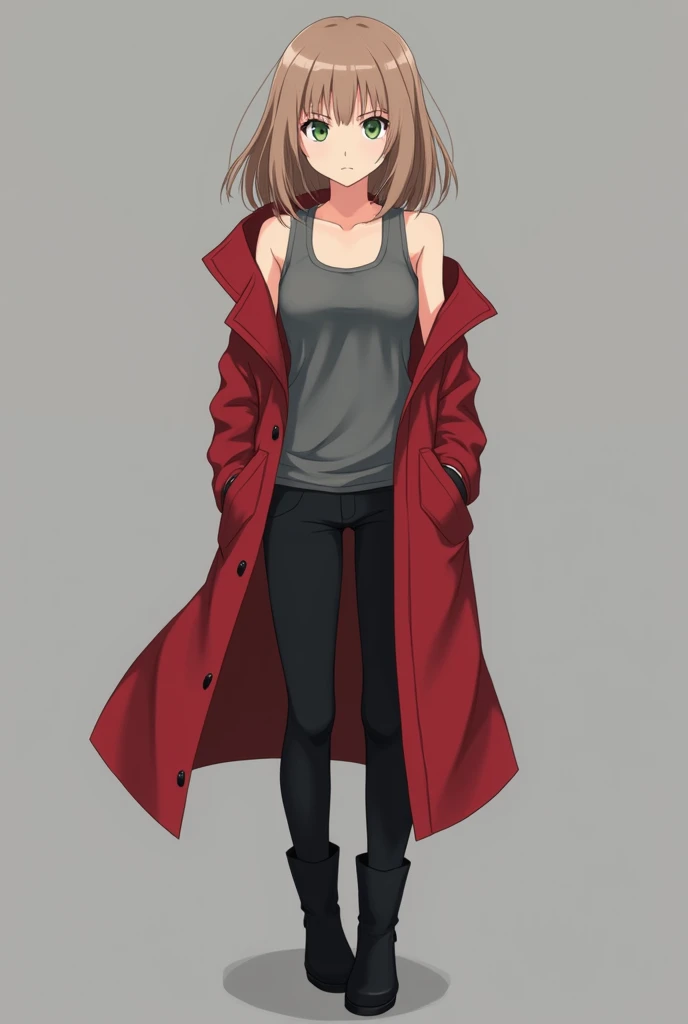 More mature anime style image. A gray background image. A teenage girl with shoulder-length light brown hair, clear green eyes, had a serious expression on his face, wore a gray tank top with a red overcoat along with black pants along with boots. He kept ...