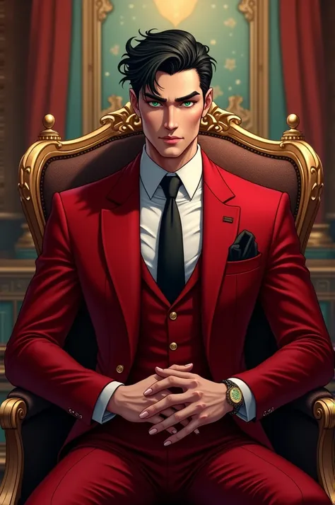 (Manhwa:3.2) Black Hair, Green Eyes, Handsome Face Red Suit, Black Tie, Royal Room Background, Sitting in a chair,