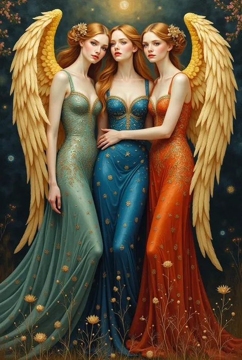 3 nordic woman (normas) with colorful dress with golden wings painting Gustav klimt