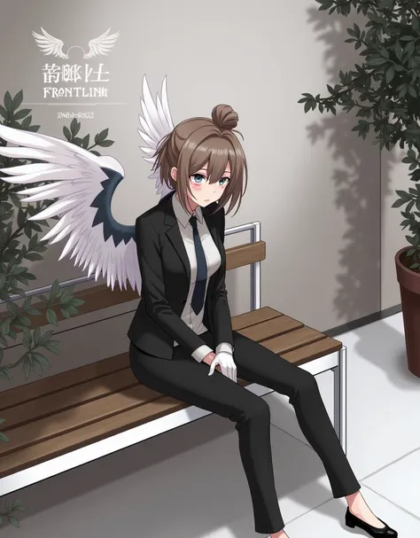 picture of a woman sitting on a bench with wings, 1girl, solo, brown hair, shirt, gloves, long sleeves, sitting, jacket, white shirt, wings, necktie, shoes, collared shirt, pants, white gloves, hair bun, black footwear, black jacket, grey eyes, blood, halo...