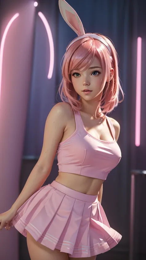 close up, (cute and sexy girl,pink hair,bunny girl:1.1,ultra-realistic,best quality,4k,highres,masterpiece:1.2),detailed lighting,anime, blue school uniform and blue pleated skirt, school background blurred, back turned,  looking over shoulder 