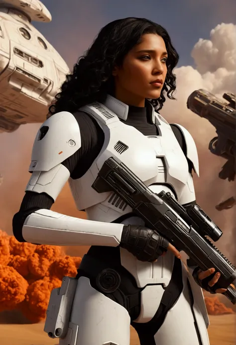 there is a woman holding a gun in front of a spaceship, hyperrealistic fantasy art, doom eternal, female stormtrooper, heaven planet in background, inspired by Jan Victors, in foreground boy with shotgun, orianna, grey orange, dune (2021) --ar 16:9 --v 5.1...