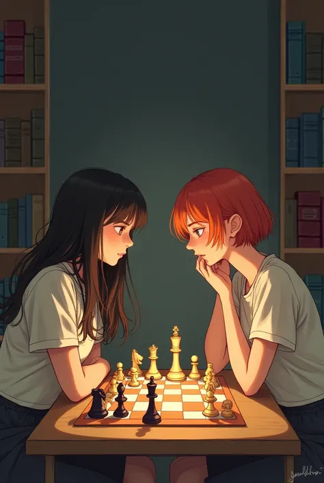 Two girls playing chess with books in the background 