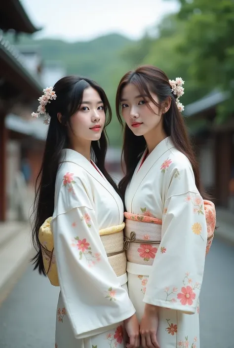 2 Japanese woman、White kimono with floral pattern、The whole body is shown、The eyes are double、Long Hair、Not facing forward Japan、Kyoto temple road、Being photographed、Photographer style
