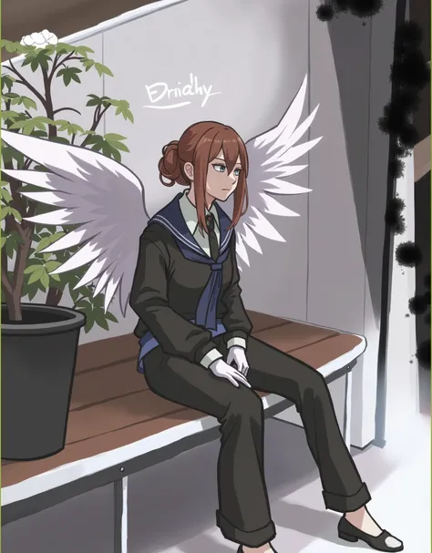 picture of a woman sitting on a bench with wings, 1girl, solo, brown hair, shirt, gloves, long sleeves, sitting, jacket, white shirt, wings, necktie, shoes, collared shirt, pants, white gloves, hair bun, black footwear, black jacket, grey eyes, blood, halo...