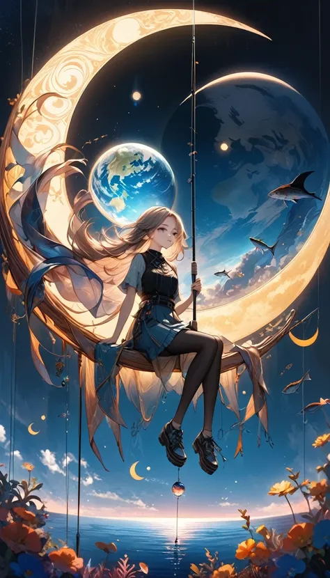 Attractive fishing girl sitting on a crescent moon, 1 person, A very thin line is hung straight down from a fishing pole, Aesthetic Earth attached to the top, Transparent and aesthetic internal illumination, Artistic Design, Dark pop fantasy, 